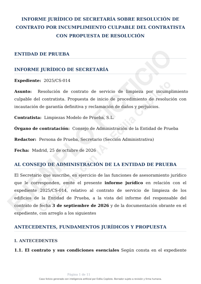 Página 1 de 11 de un informe jurídico de Secretaría sobre la resolución de un contrato por incumplimiento culpable del contratista, caso ficticio generado con Edilia Copiloto