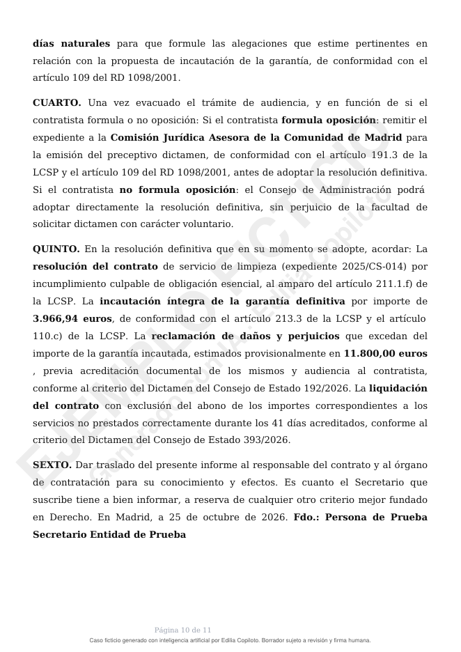 Página 10 de 11 de un informe jurídico de Secretaría sobre la resolución de un contrato por incumplimiento culpable del contratista, caso ficticio generado con Edilia Copiloto