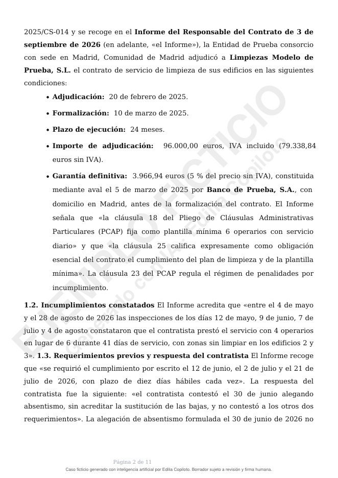 Página 2 de 11 de un informe jurídico de Secretaría sobre la resolución de un contrato por incumplimiento culpable del contratista, caso ficticio generado con Edilia Copiloto