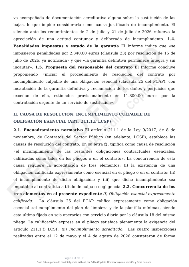 Página 3 de 11 de un informe jurídico de Secretaría sobre la resolución de un contrato por incumplimiento culpable del contratista, caso ficticio generado con Edilia Copiloto