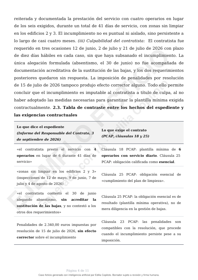 Página 4 de 11 de un informe jurídico de Secretaría sobre la resolución de un contrato por incumplimiento culpable del contratista, caso ficticio generado con Edilia Copiloto