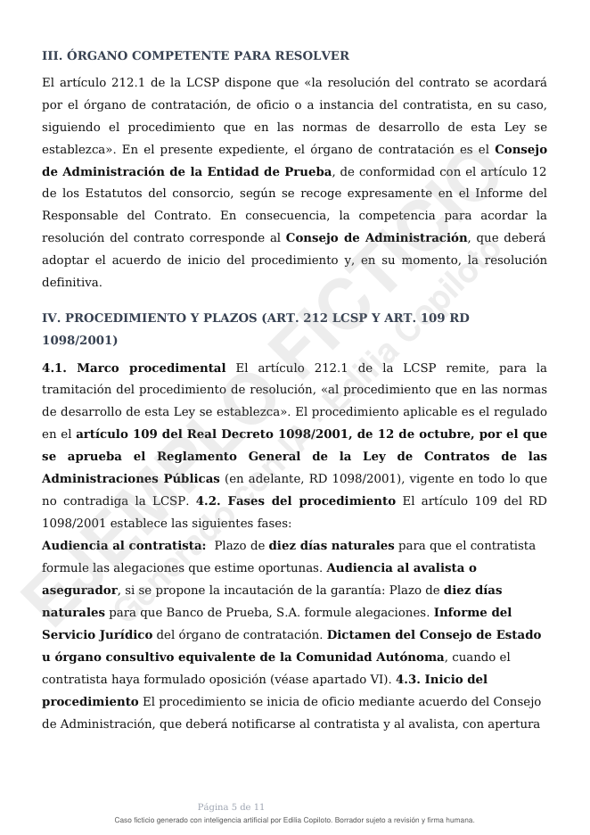 Página 5 de 11 de un informe jurídico de Secretaría sobre la resolución de un contrato por incumplimiento culpable del contratista, caso ficticio generado con Edilia Copiloto