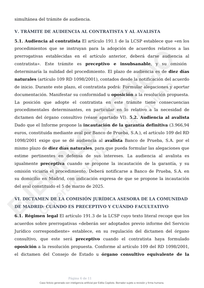 Página 6 de 11 de un informe jurídico de Secretaría sobre la resolución de un contrato por incumplimiento culpable del contratista, caso ficticio generado con Edilia Copiloto