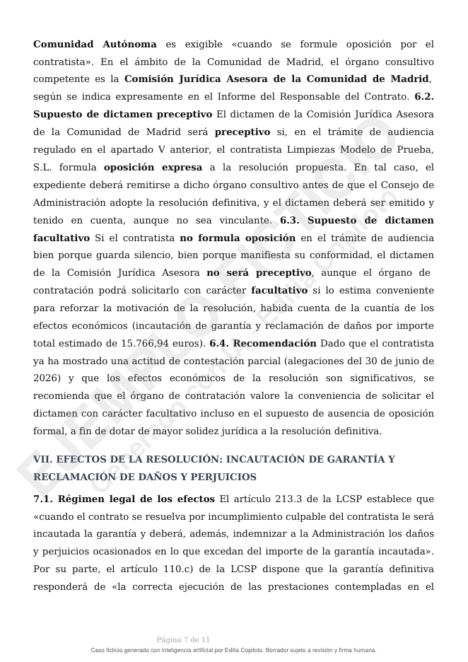 Página 7 de 11 de un informe jurídico de Secretaría sobre la resolución de un contrato por incumplimiento culpable del contratista, caso ficticio generado con Edilia Copiloto