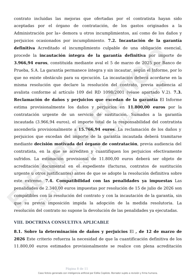 Página 8 de 11 de un informe jurídico de Secretaría sobre la resolución de un contrato por incumplimiento culpable del contratista, caso ficticio generado con Edilia Copiloto
