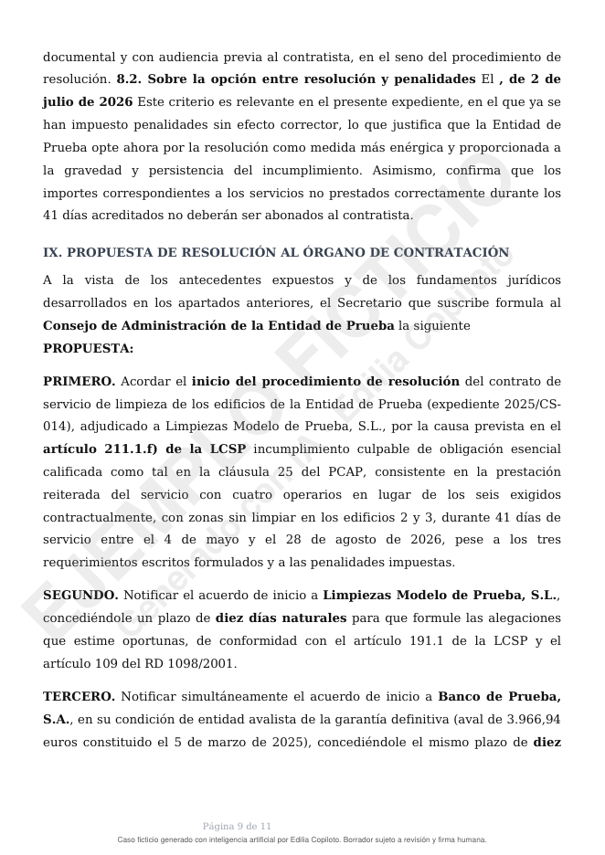 Página 9 de 11 de un informe jurídico de Secretaría sobre la resolución de un contrato por incumplimiento culpable del contratista, caso ficticio generado con Edilia Copiloto